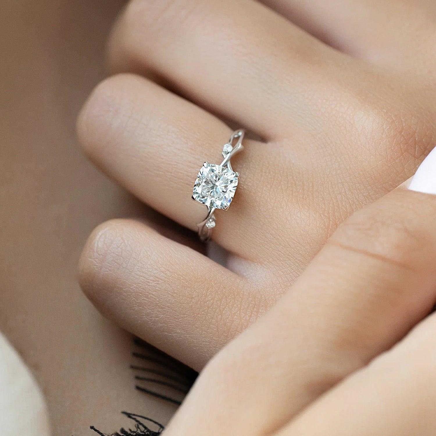 The Nature Blissful Cushion Side Stone Moissanite Ring - KNT - Engagement Rings, Wedding Bands & Fine Jewelry