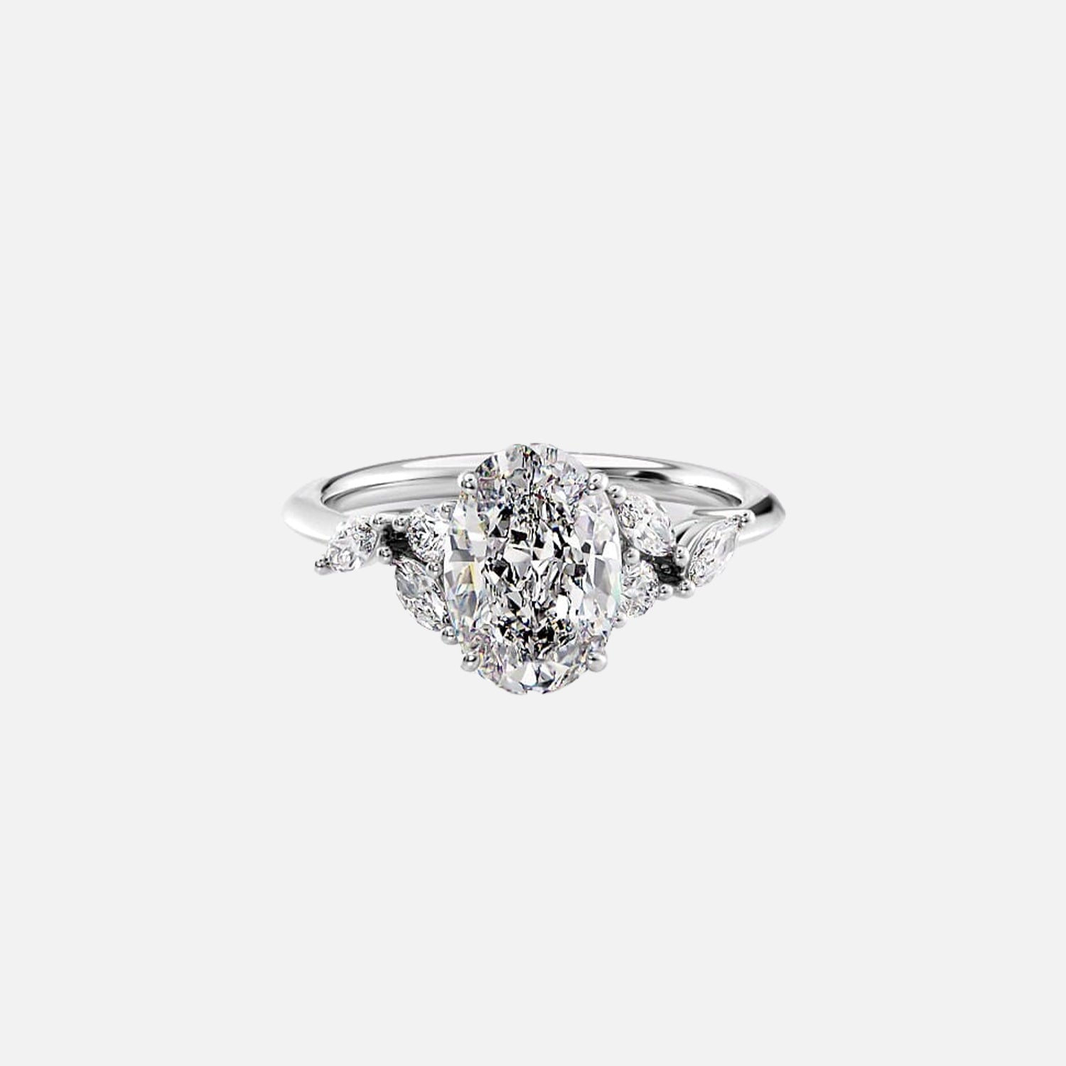 The Side Stone Daisy Oval Moissanite Ring - KNT - Engagement Rings, Wedding Bands & Fine Jewelry