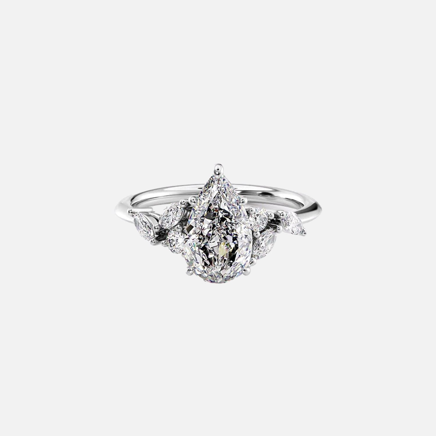 The Side Stone Daisy Pear Moissanite Ring - KNT - Engagement Rings, Wedding Bands & Fine Jewelry