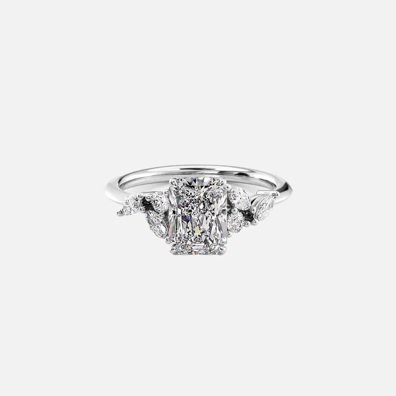 The Side Stone Daisy Radiant Moissanite Ring - KNT - Engagement Rings, Wedding Bands & Fine Jewelry